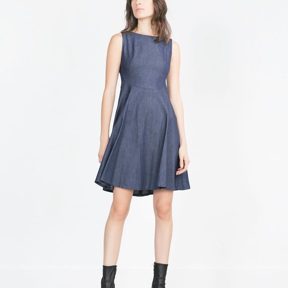 ZARA Sleeveless Denim Blue Flared Dress - Picture 1 of 3